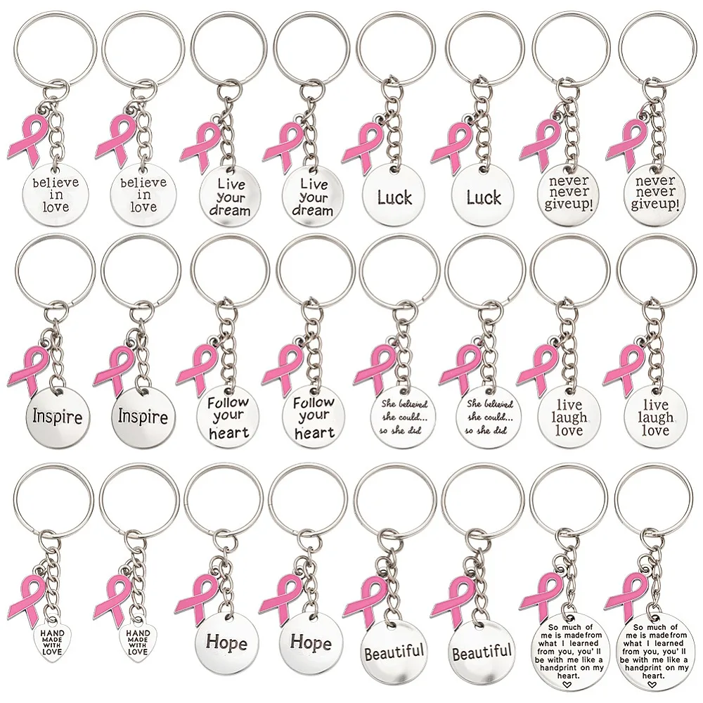 

24Pcs 12 Style Alloy Keychain with Iron Rings October Breast Cancer Pink Awareness Ribbon Silver Platinum 70~75mm 2pcs/style