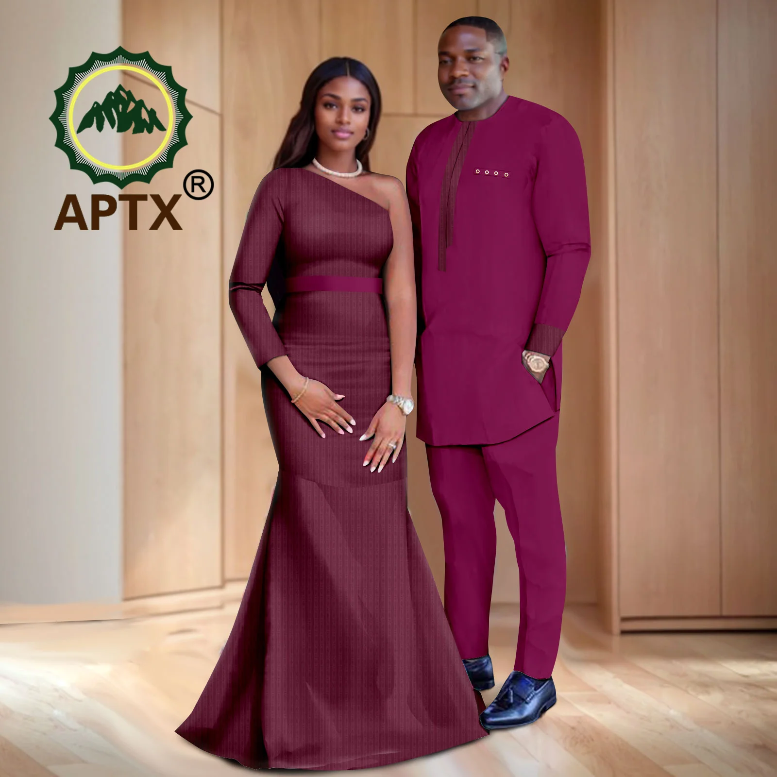 

Africa Clothing for Couple Kebaya Women Bevelled Collar Long Dress Matching Men's Suit Set Evening Party Wedding Prom 24c034