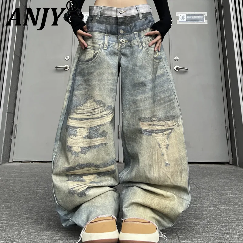 

ANJY Spring Autumn New Women 3D Digital Print Streetwear Distressed Wide-Leg Jeans Trend Fashion Loose Casual Denim Pants A21806
