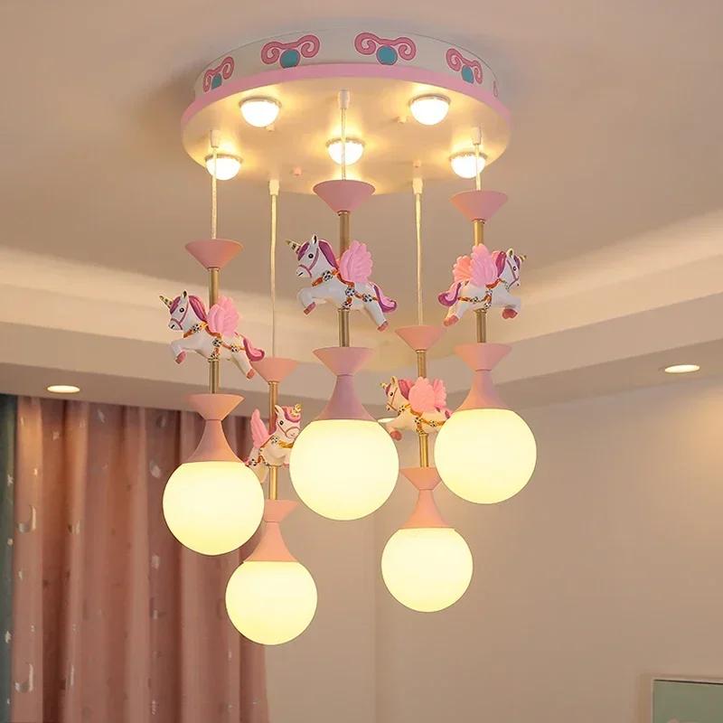 Pink Unicorn Cartoon Pendant Lamp Baby Room Children's Chamber Bedroom LED Eye Protection Chandelier