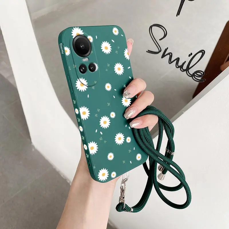 Reno 10 Sunflower Lanyard Silicone Phone Case For OPPO Reno 8 8Pro 8T 10 10Pro 10ProPlus 12 12Pro 7 7Z 6 6Lite 6Z 5 Cover