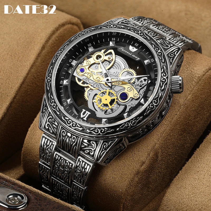 Skeleton Hollow Men Watches Luxury Steampunk Black Gold Quartz Watch Stainless Steel Vintage Engraved Man Mechanical Style Clock