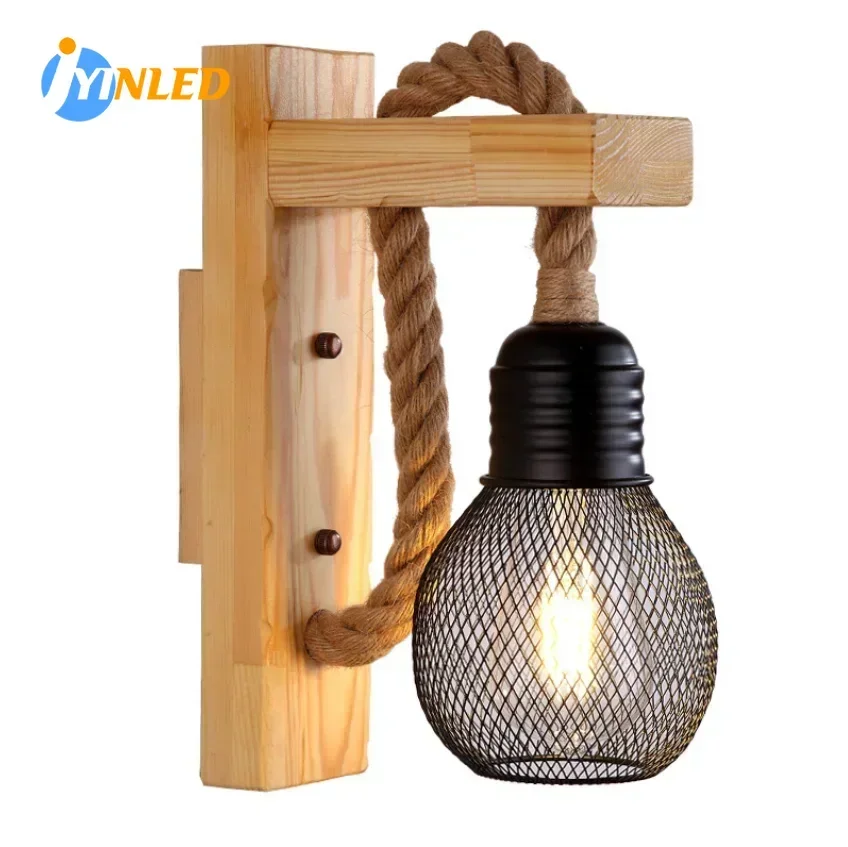 

Retro Bedside Loft Light Vintage Wood Hemp Rope Wall Lamps Industrial American Room Decor Lighting Wooden E27 Lighting Fixture