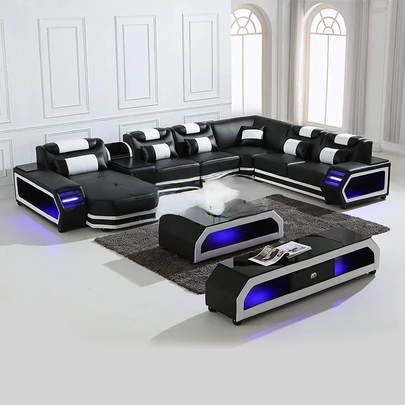 Inventory Popular Home Furniture Living Room Leather Segmented LED Sofa