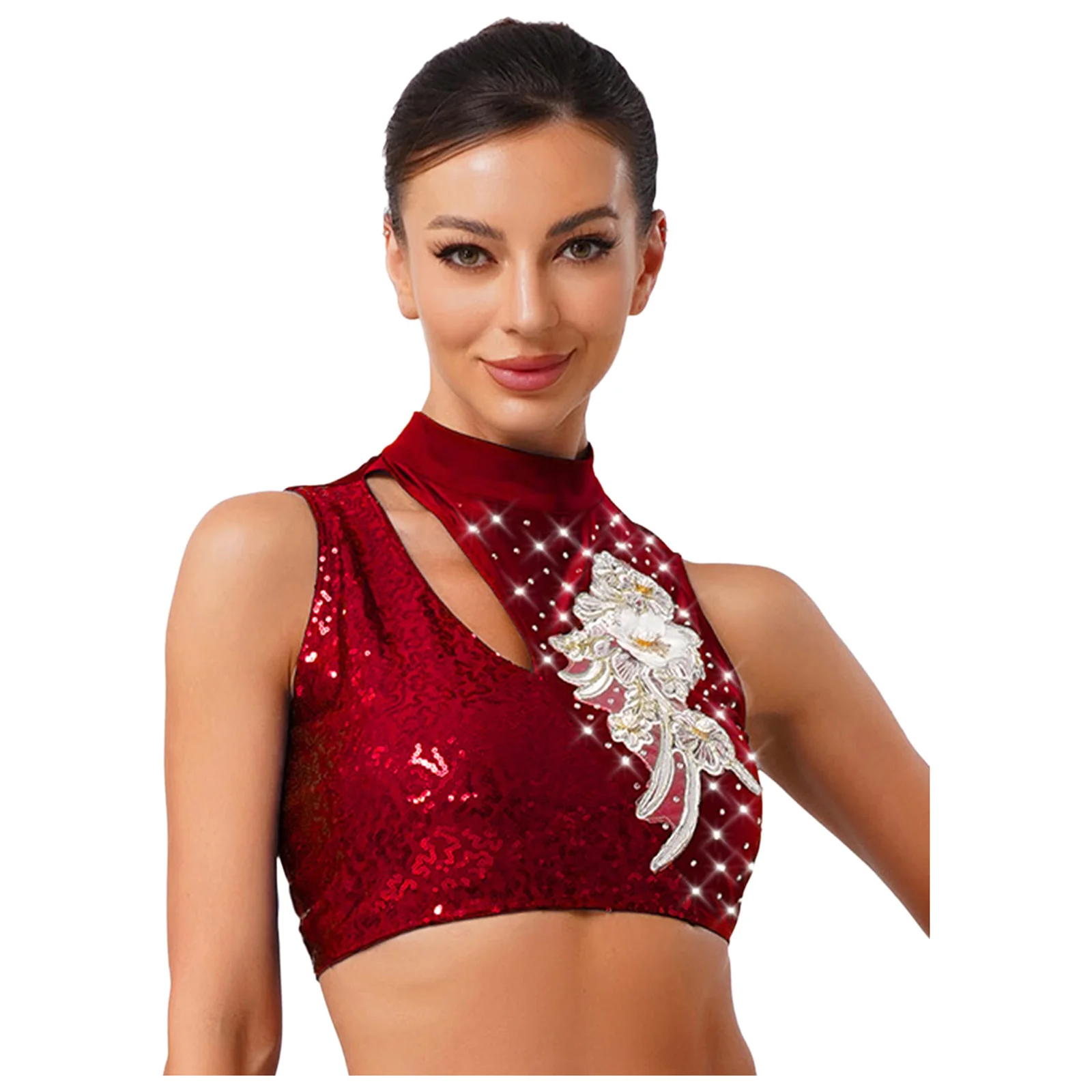 Haut court de danse lyrique pour femmes, sans manches, ajouré, paillettes scintillantes, broderie appliquée, Costume de danse pour danse classique, valse