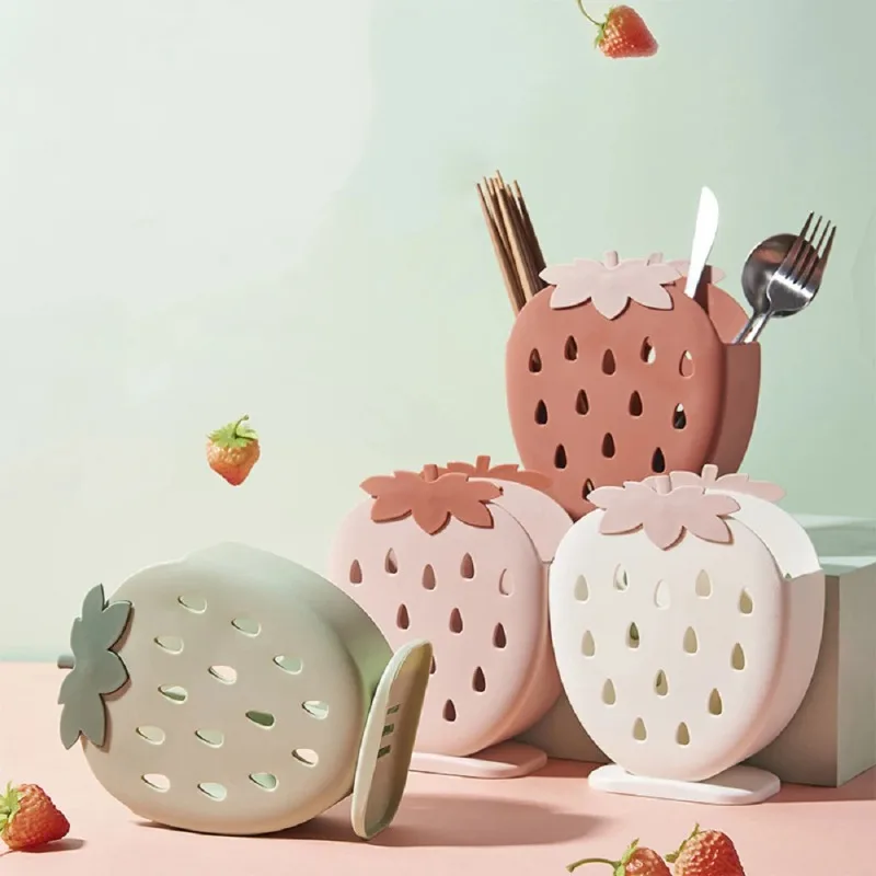 Cute Strawberry Chopsticks Holder Drain Rack Kitchen Tableware Storage Rack Hollow Cutlery Drainer Spoon Fork Knife Shelf Holder