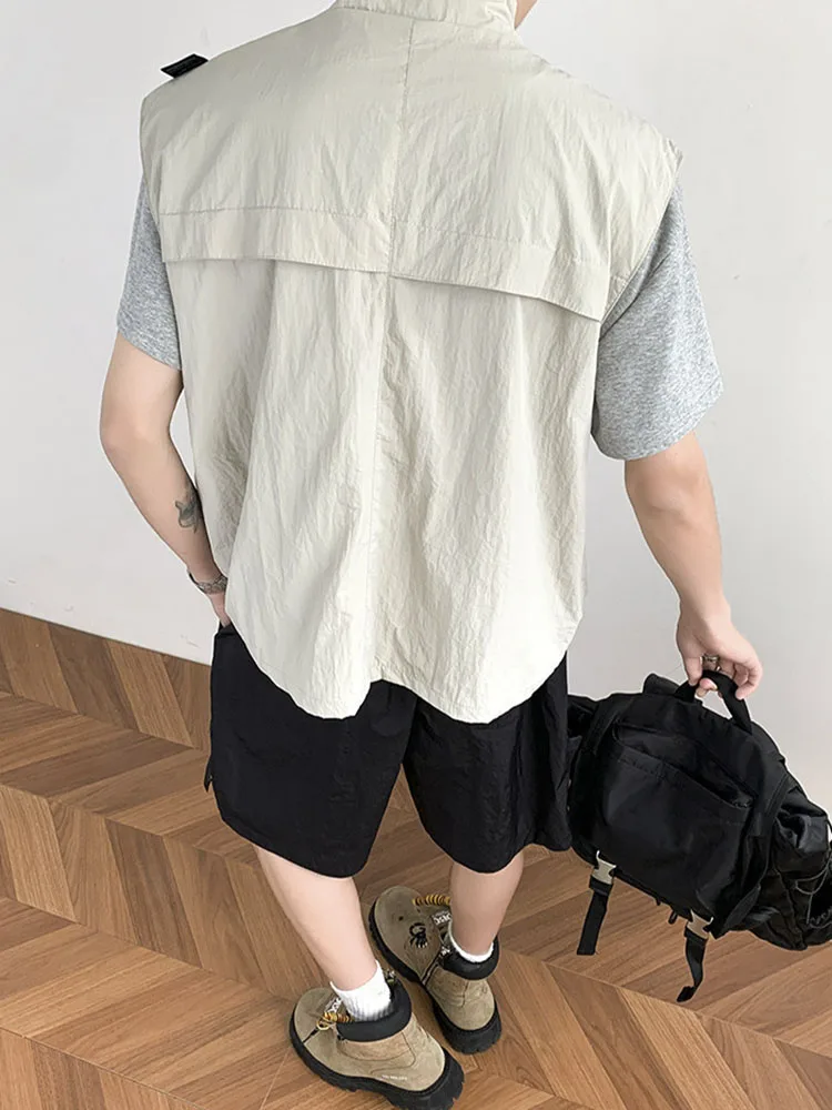 Summer Stand Up Collar Multi Pocket Vest American Casual Fashion Street Style Loose Drawstring Design Men's Sleeveless Jacket