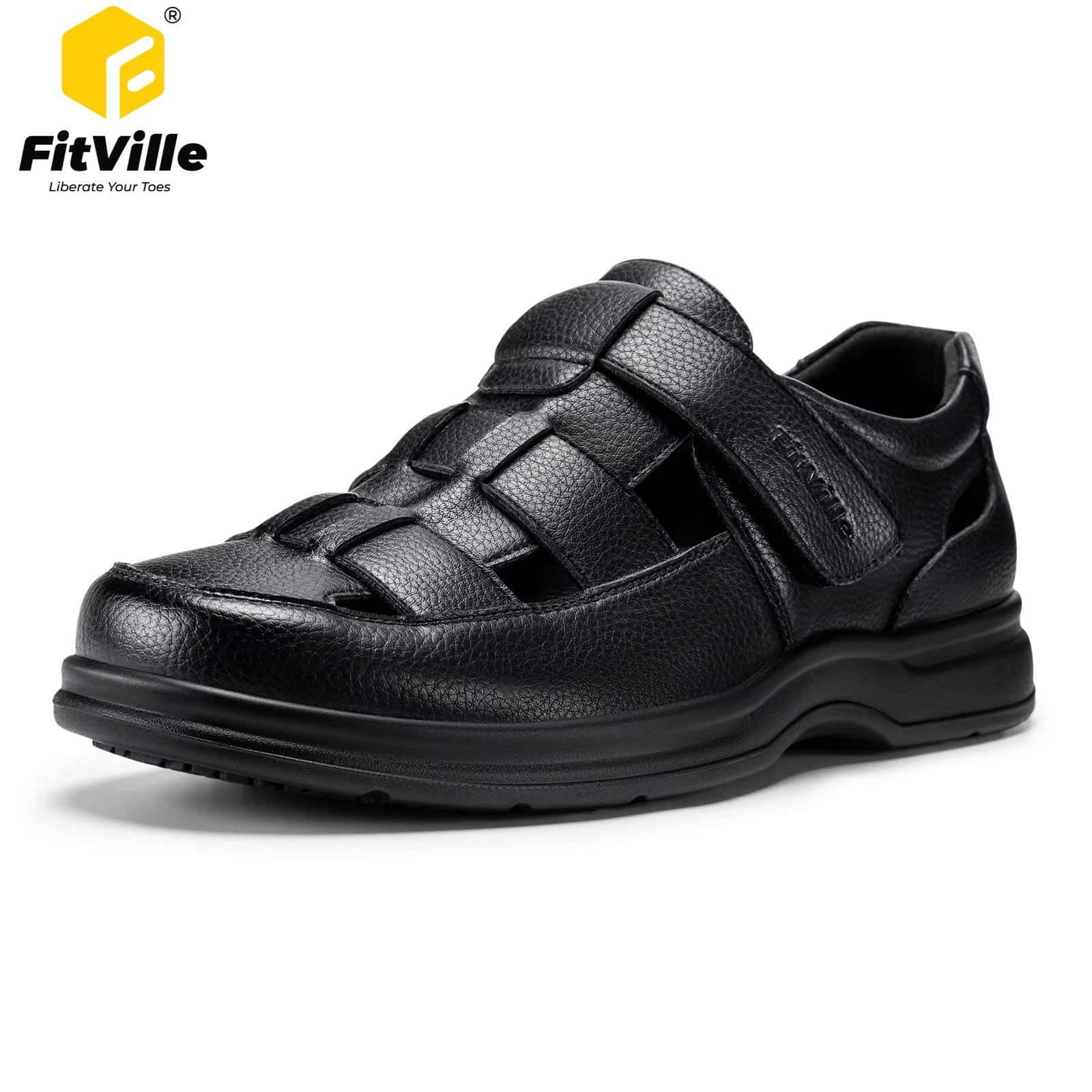 FitVille Men's Sports Sandals Extra Wide Toe Leather Diabetic Shoes for Men Outdoors Summer Open-toe Orthopedic Sandal Non-slip