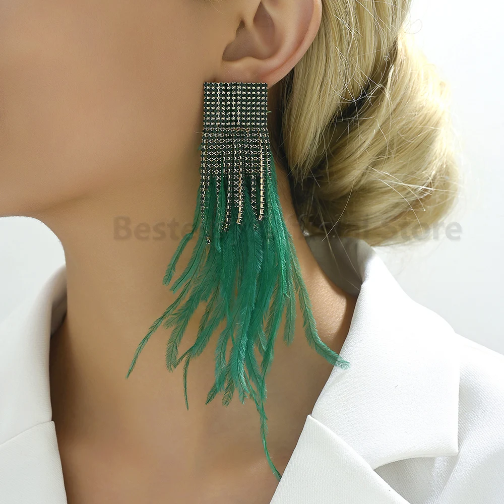 Fashion Long Feather Drop Earrings For Women Inlaid Shiny Crystal Luxury Elegant Tassel Design Ear Pendant Party Vintage Jewelry