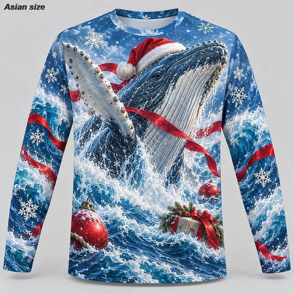 Christmas Stocking Gift 3D Print Men Long Sleeve T-Shirt, Snow Village Winter Party, Holly Snowflake Graphic Casual Tee
