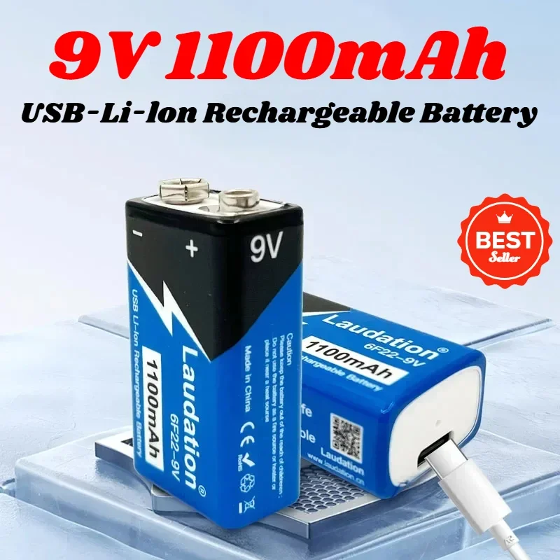 Batería recargable de 9V y 1100mAh, batería de iones de litio tipo C 6F22 de 9v para Detector de metales, Control remoto, helicóptero, micrófono, modelo de juguete