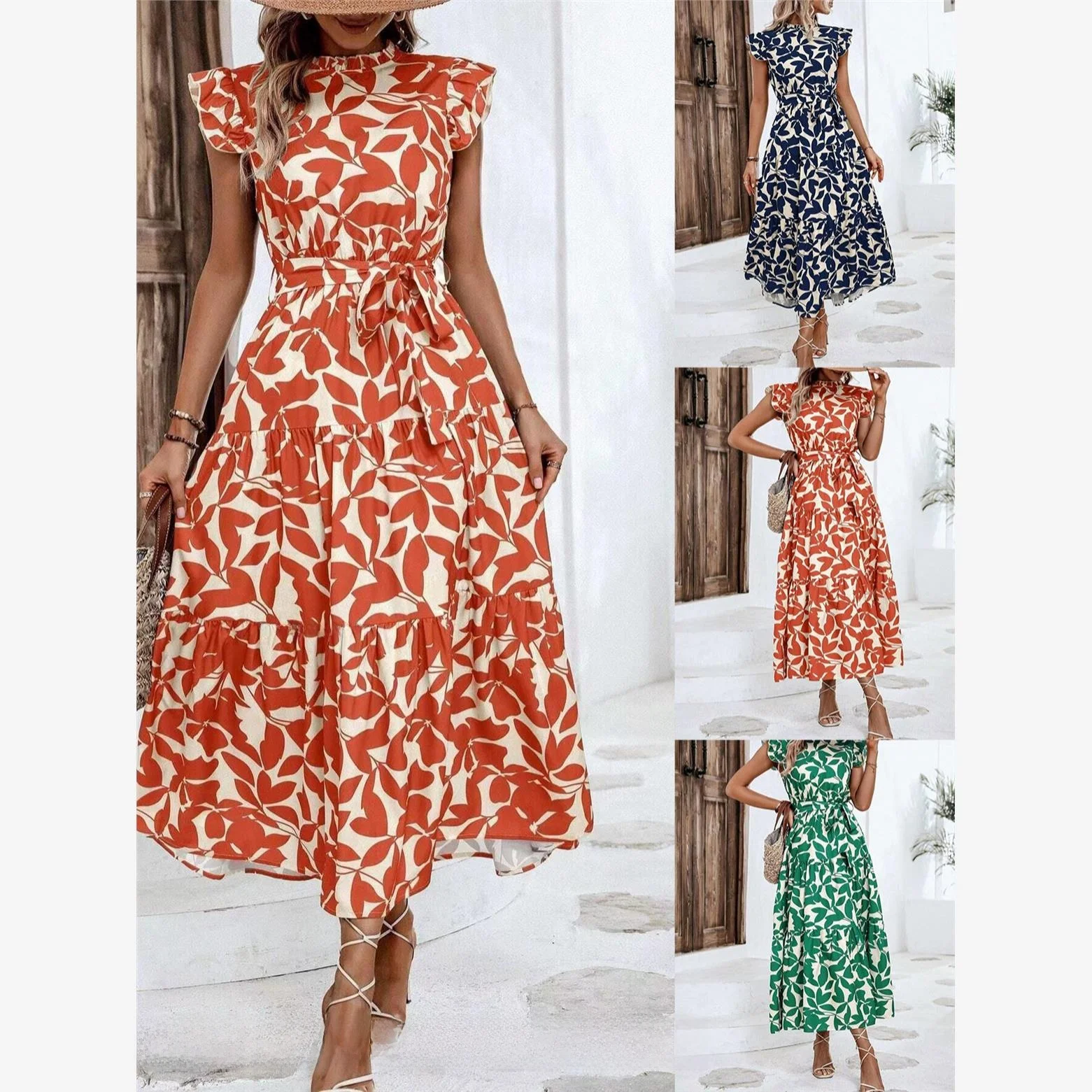 

Модное женское летнее платье с принтом, круглым вырезом и короткими рукавами, из хлопка и шифона, новинка.