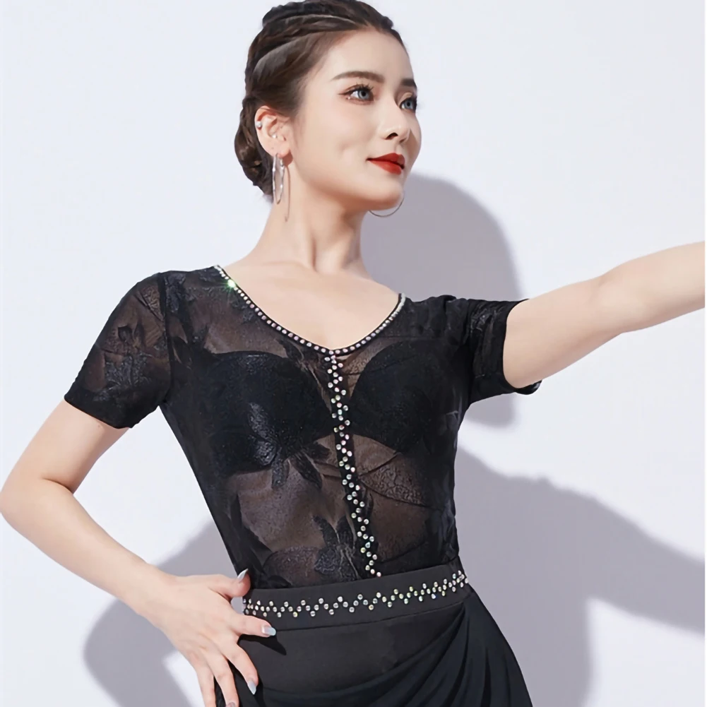 

Танцевальный черный топ для женщин с длинными рукавами, сексуальная красная паста с ромбовидным шаром и принтом, v-образным вырезом, короткими рукавами, танцевальная рубашка Samba Dance