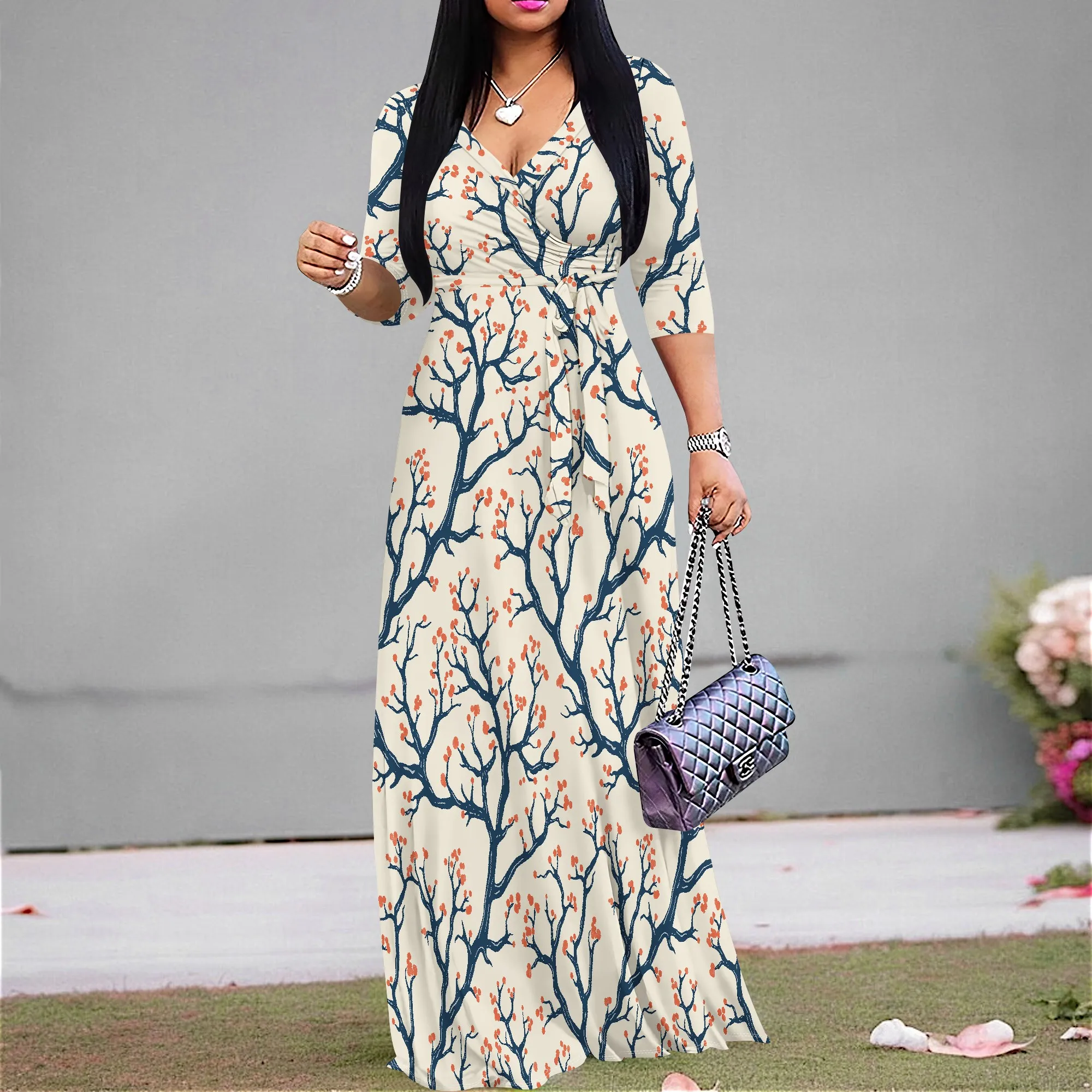 

Boho Tree Branch Print Dress S-3XL Women's Spring Maxi Wrap Dress for Picnic or Art Gallery Look