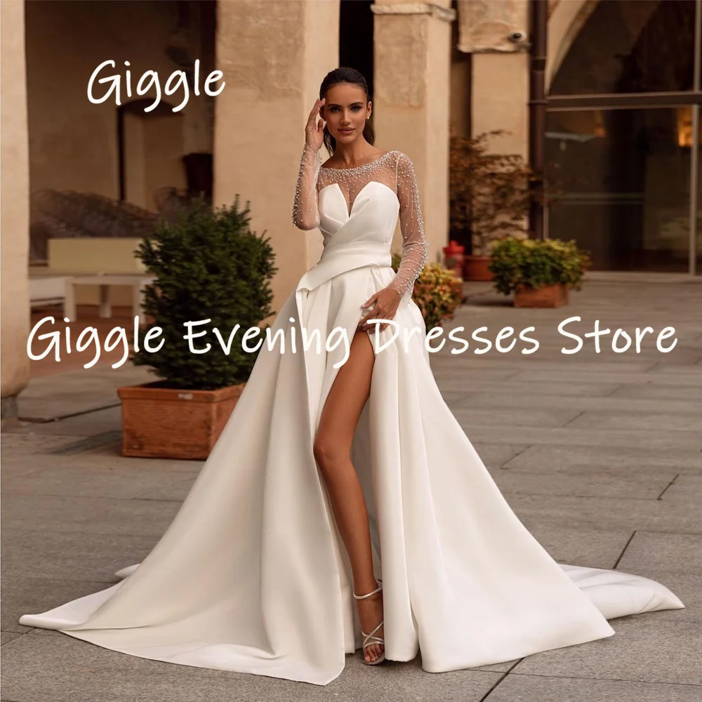 Giggle Luxury Beaded Tulle Long Sleeves Scoop Neckline Split Sweep Train 2023 Wedding Dresses amanda novias vestido de noiva