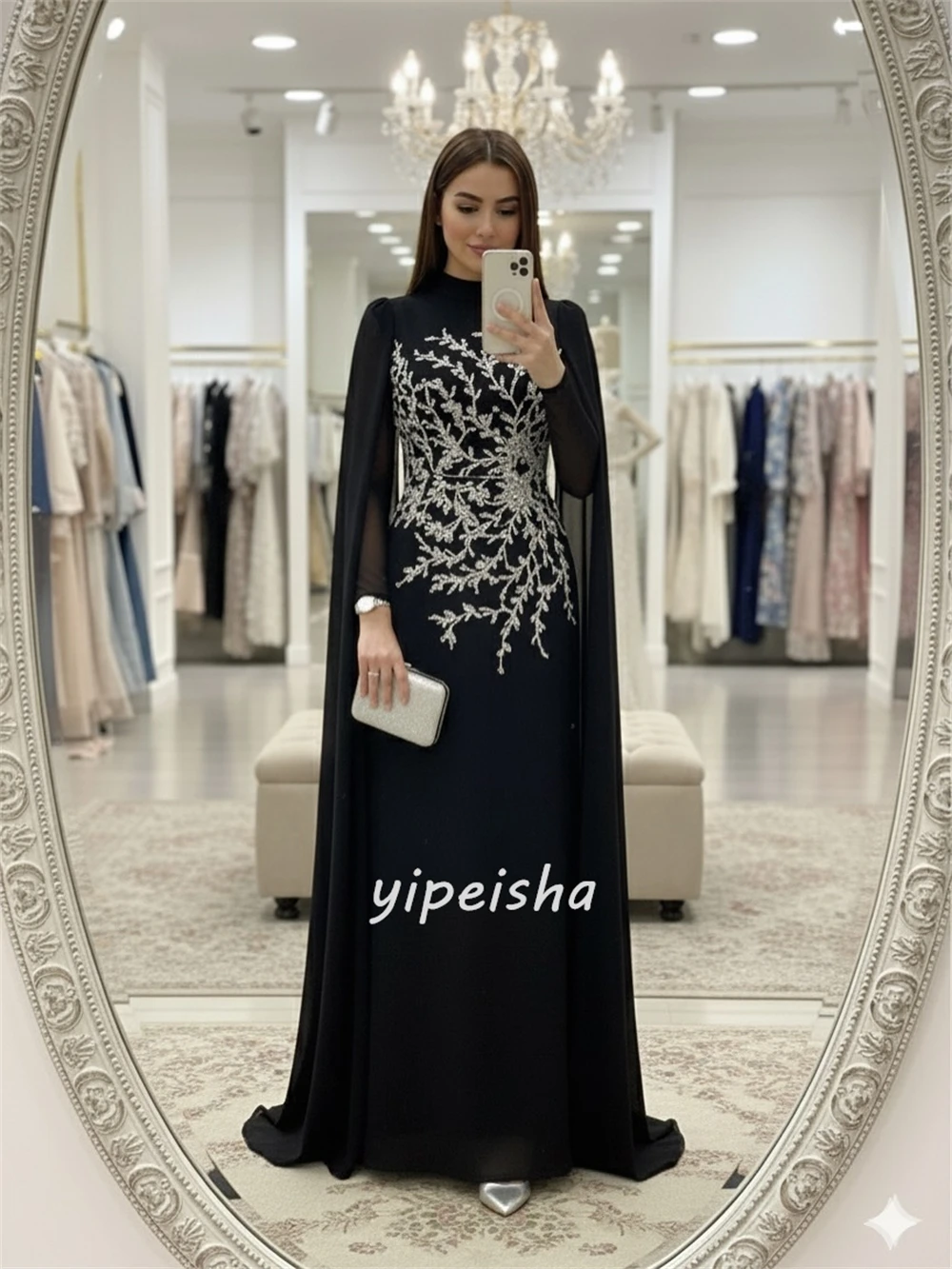 Customized Elegant Formal Rhinestone Beading Straight High Collar Long Dresses Bespoke Occasion Dresses Sizes Available Fashion