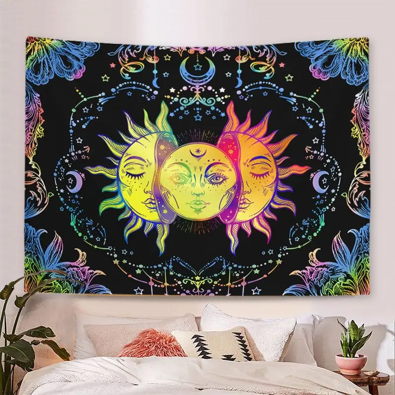 VIKAMA Rainbow Tri-Color Sun Moon Face Tapestry, Vibrant Wall Hanging Background Cloth for Boho Living Room Aesthetic Decor