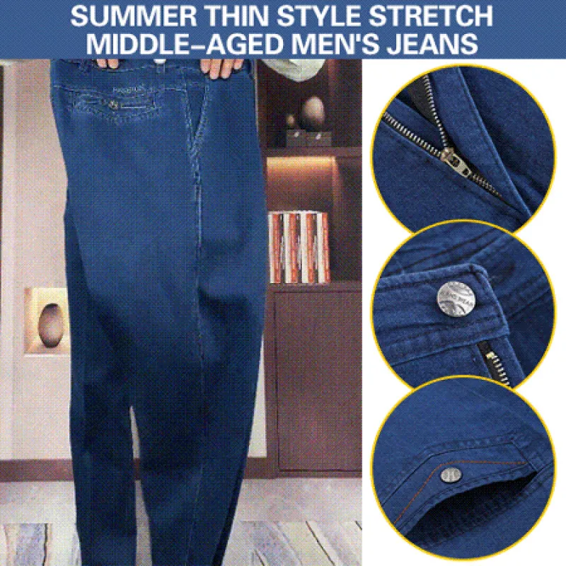 Men Quality Stretch Fit Jeans Thin High Waist Jeans Summer Classic Baggy Jeans Men Fashion Elasticity Straight-Leg Pants