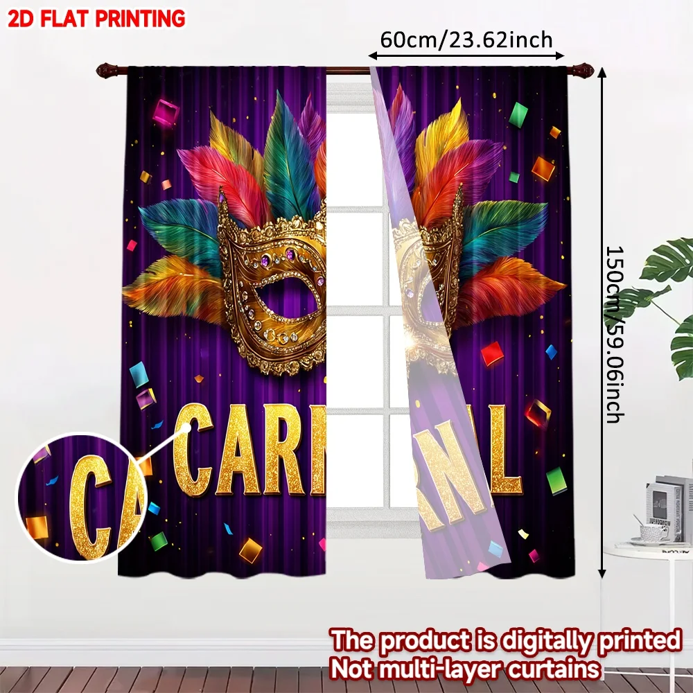 2D flat printing 2pcs Curtain Curtains Carnival Mask and Feathers Digital Printed Polyester Drapes Festive Curtains Perfect for