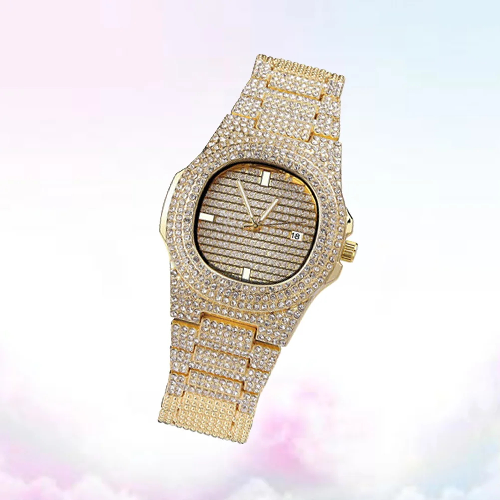 

Men Zircon Watch Band Rhinestone Quartz Wristwatch Fashionable Golden Timepiece