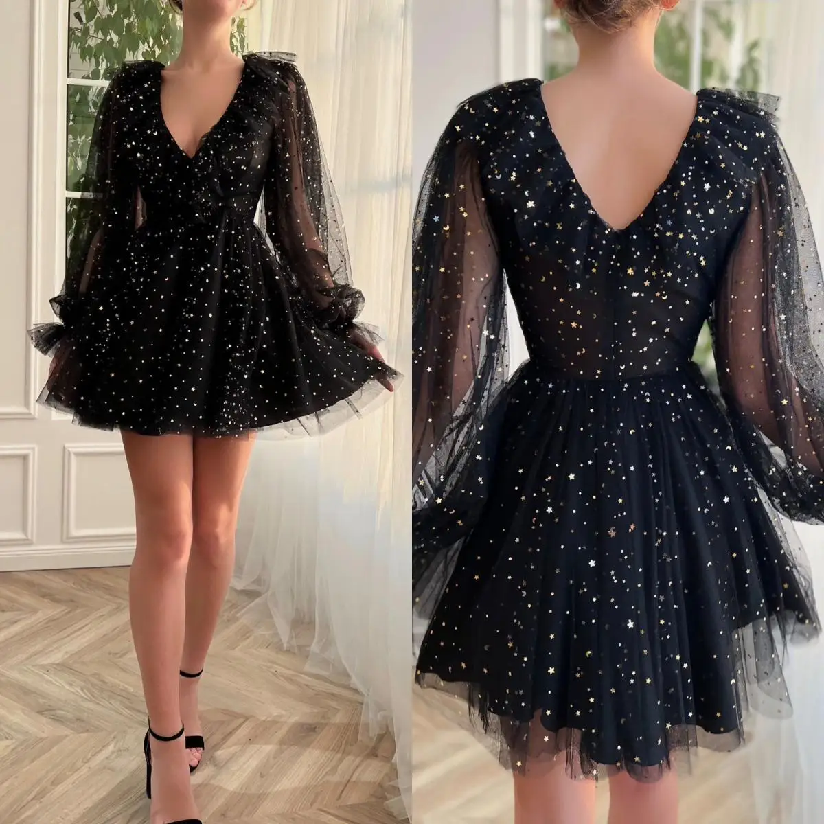 

14873#IENA Black New 2023 Sparkly Stars Tulle Prom Dresses Puff Long Sleeves Sweetheart Knee Length Short Evening Party Gowns