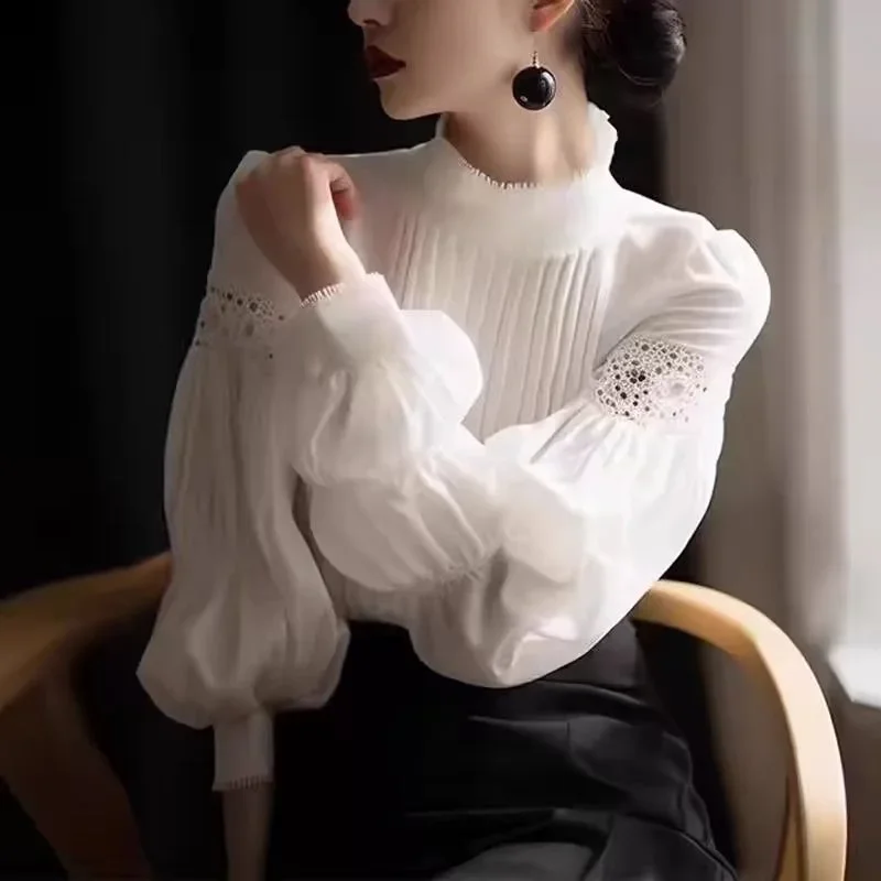 

Stand Collar French Chic White Fashionable Top Shirt 2025 Autumn New Long-sleeved Design