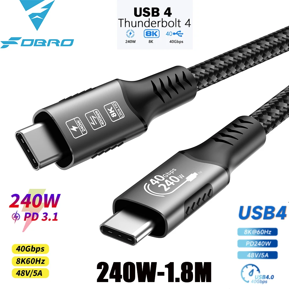 240W USB C To C Fast Charging Cable 48V 5A USB 4 40Gbps Thundebolt 4 Full-Feature Type C Quick Charge Cable For iphone 15 Huawei