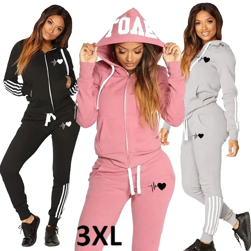 

Fashion Printed Women Tracksuit Casual Fitness Zipper Hooded Coat and Jogging Pants 2Piece Set Spring Autumn Female Sportswear