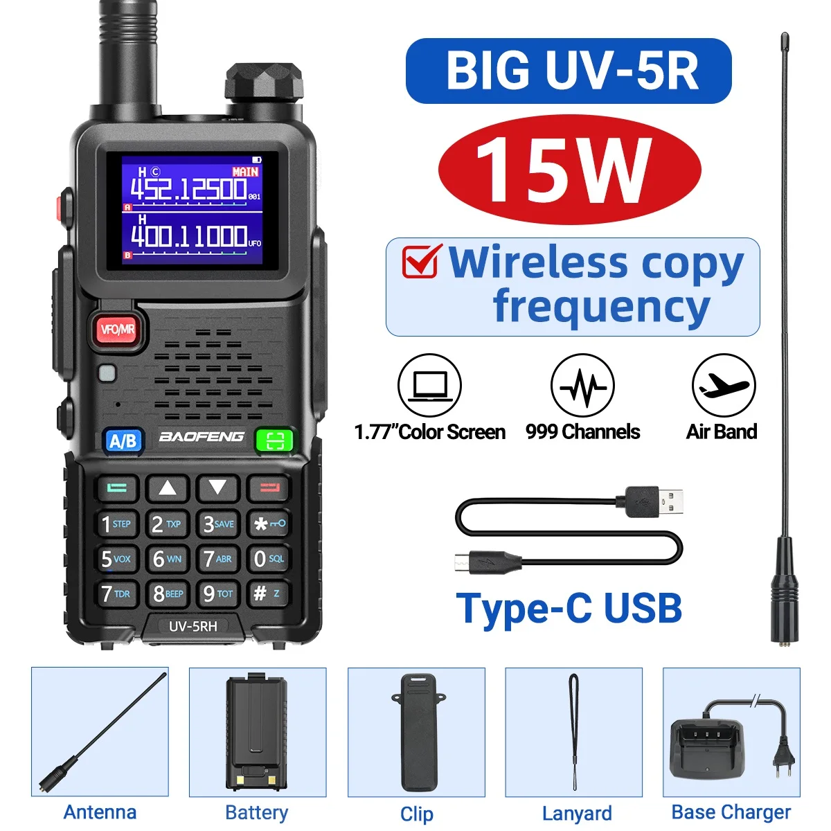 Baofeng UV-5RH Air Band Walkie Talkie Draadloze kopieerfrequentie Type-C NOAA Lange afstand 999CH Verbeterde UV-5R 5RM Ham Two Way Radio
