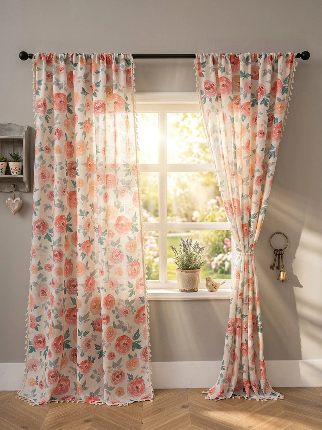 1PC Pink Floral Curtains for Living Room Linen Texture Flower Printed Pattern Shabby Chic Curtains, Light Filtering Floral Drape