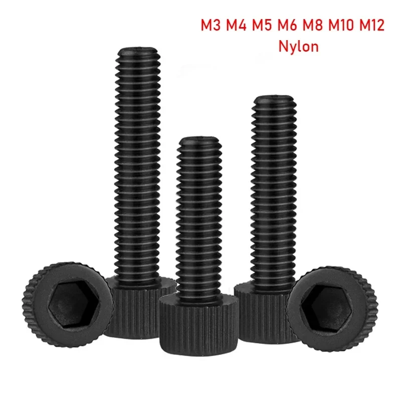 Black Nylon Socket Cap Head Screws M3-M12 / Non-Conductive Plastic Bolts with Knurled Grip for Electrical Applications