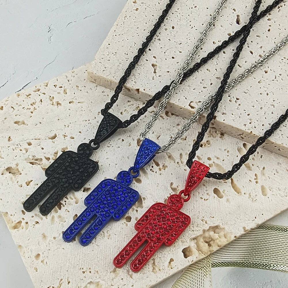 Fashionable Stainless Steel Skew Head Pendant Necklace, Hip Hop Inlaid Rhinestone Human Shape Necklace, Charm Chain Jewelry Gift