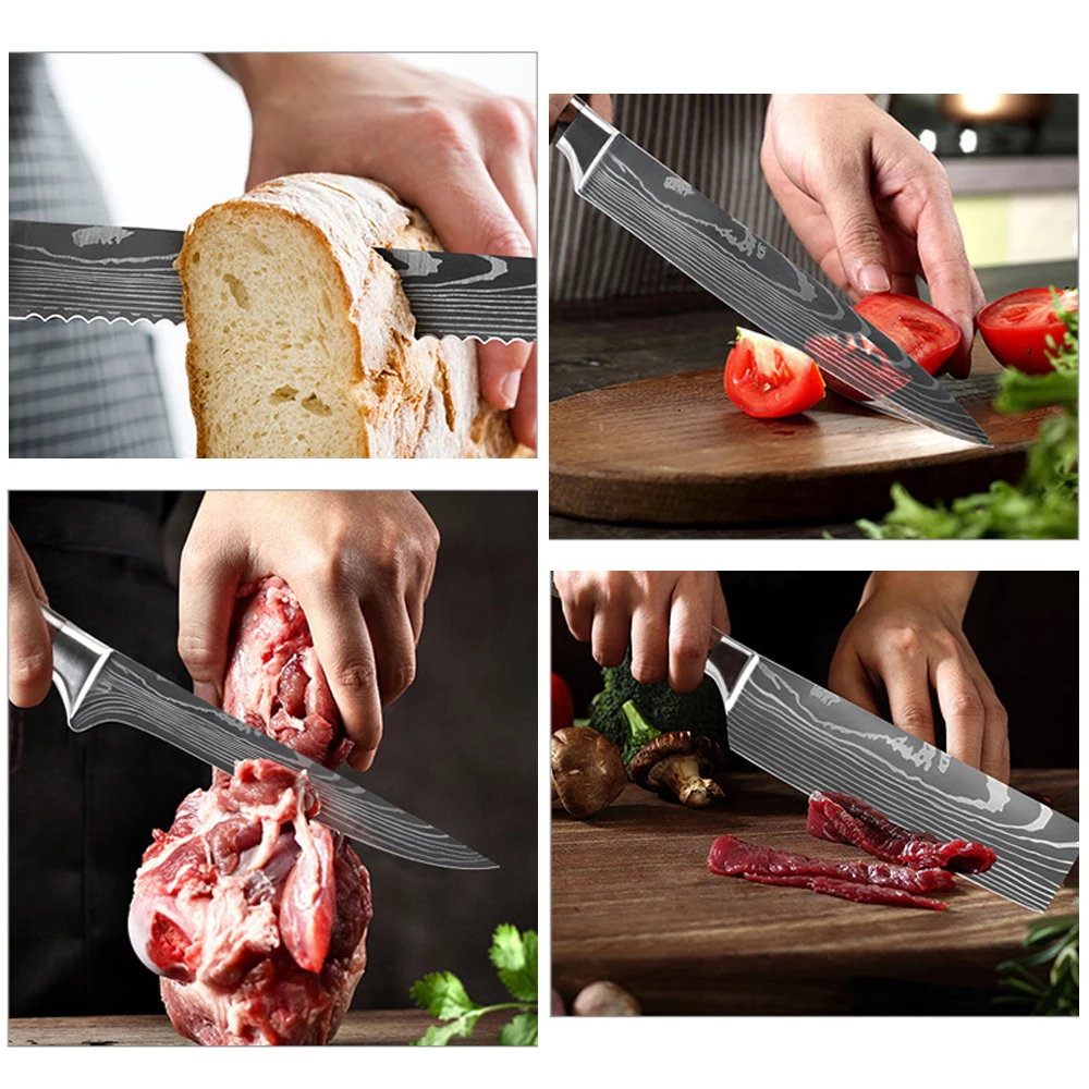 Kitchen Knives 1-10PCS 7CR17 440C Stainless Steel Laser Damascus Pattern Japanese Santoku Cleaver Slicing Utility Chef Knife