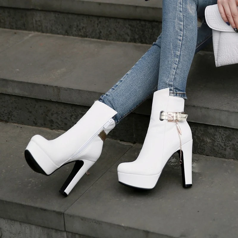 

Fashion Ankle Boots For Women High Heels Buckle Motorcycle Boots Platform Black White pu Leather Party Shoes Woman