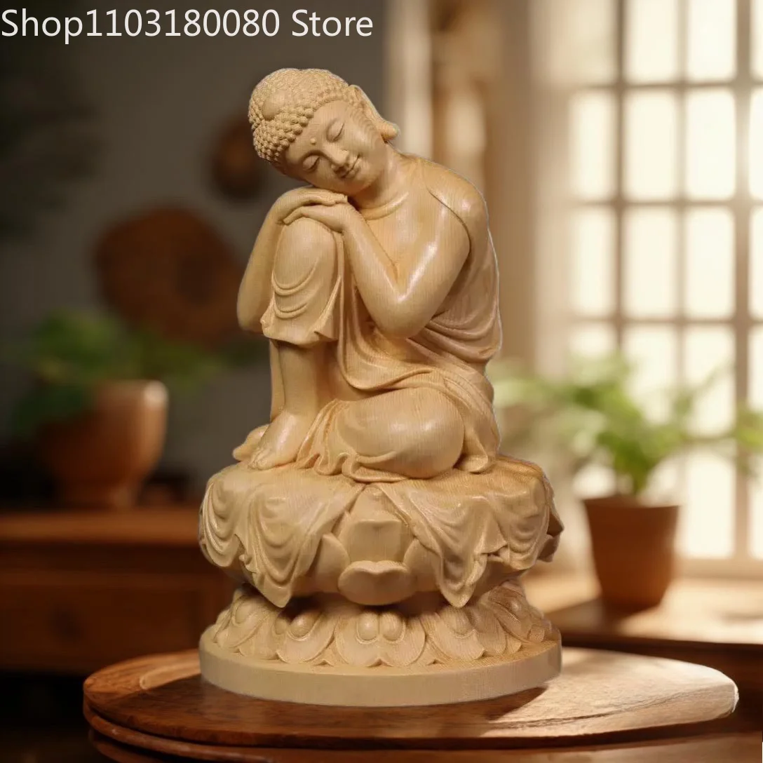 21cm Meditative Shakyamuni Buddha Natural Hinoki Cypress Wood Carving Sakyamuni Sculpture Zen decor
