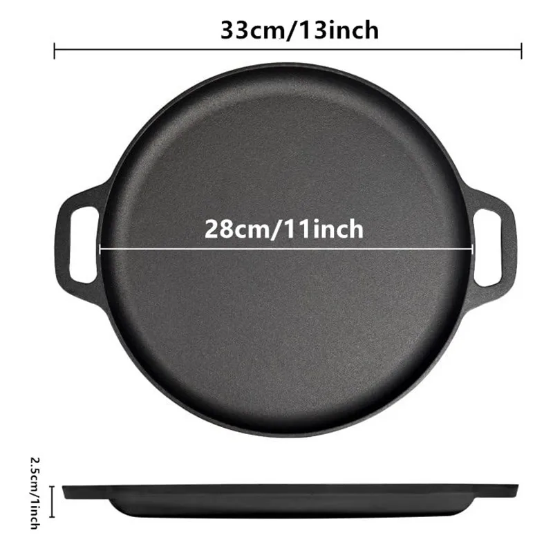 28/30cm Pre-Seasoned Cast Iron Skillet Pan Pizza Pan with Dual Handles Round Griddle for Crepes and Pizza BBQ Camping Fry Pan