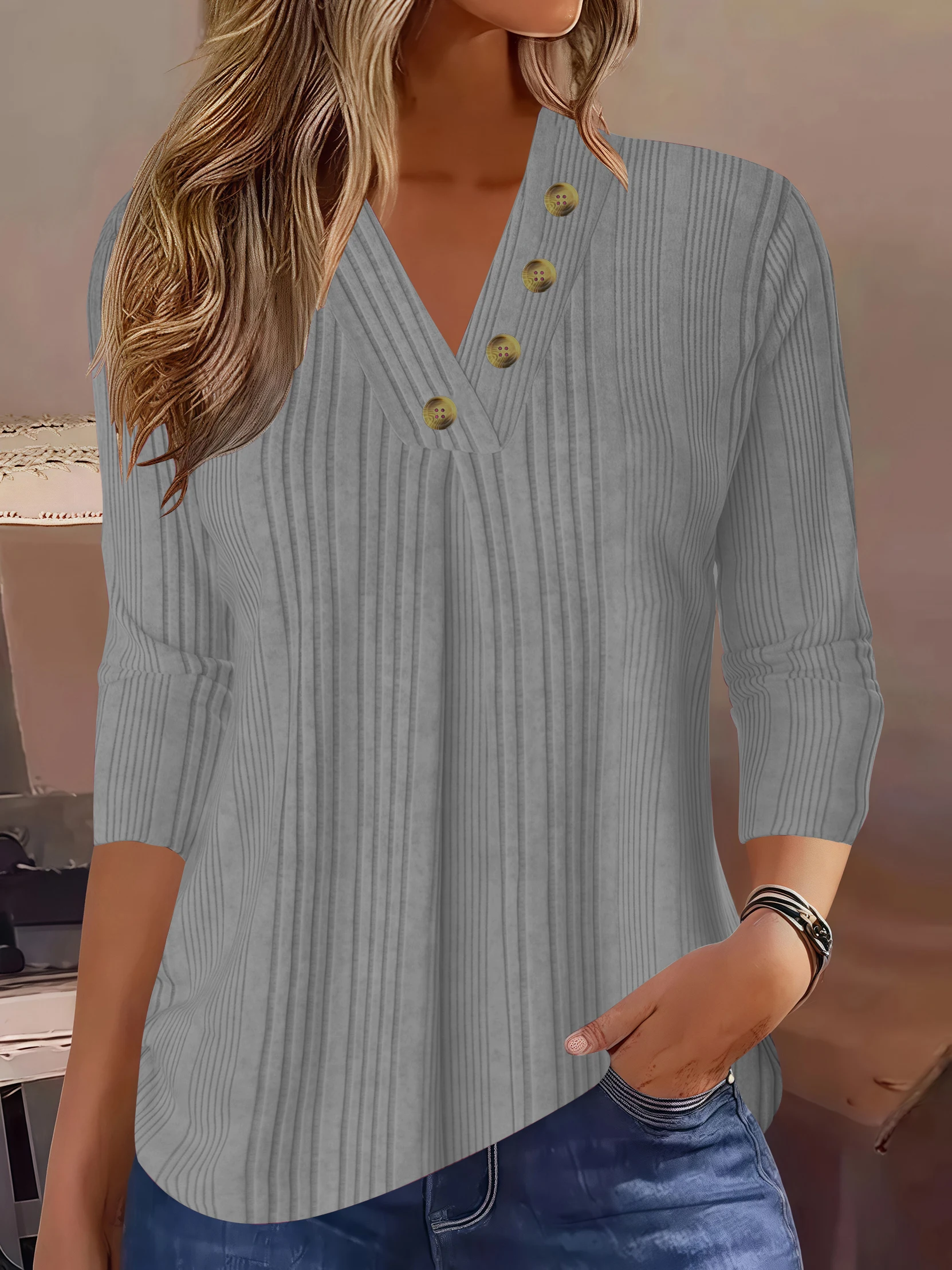 

Elegant Women's V-Neck Button Front Knit Blouse - Solid Color Pullover Top in Soft Cotton Blend