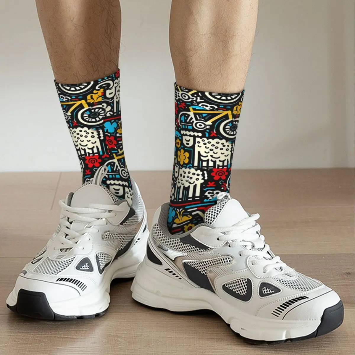 Crazy Sock for Men Cycling Past Sheep Mountains Trails Downhill MTB Happy Quality Pattern Printed Boys Crew Sock Seamless Gift