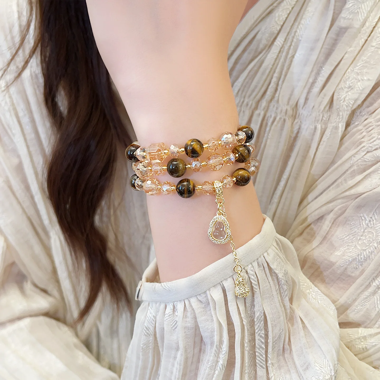 Luxury Multi Layer Stackable Citrine Tiger Eye Gourd Charm Bracelet For Women Dainty Luxury Elegant Chinese Style Beaded Jewelry