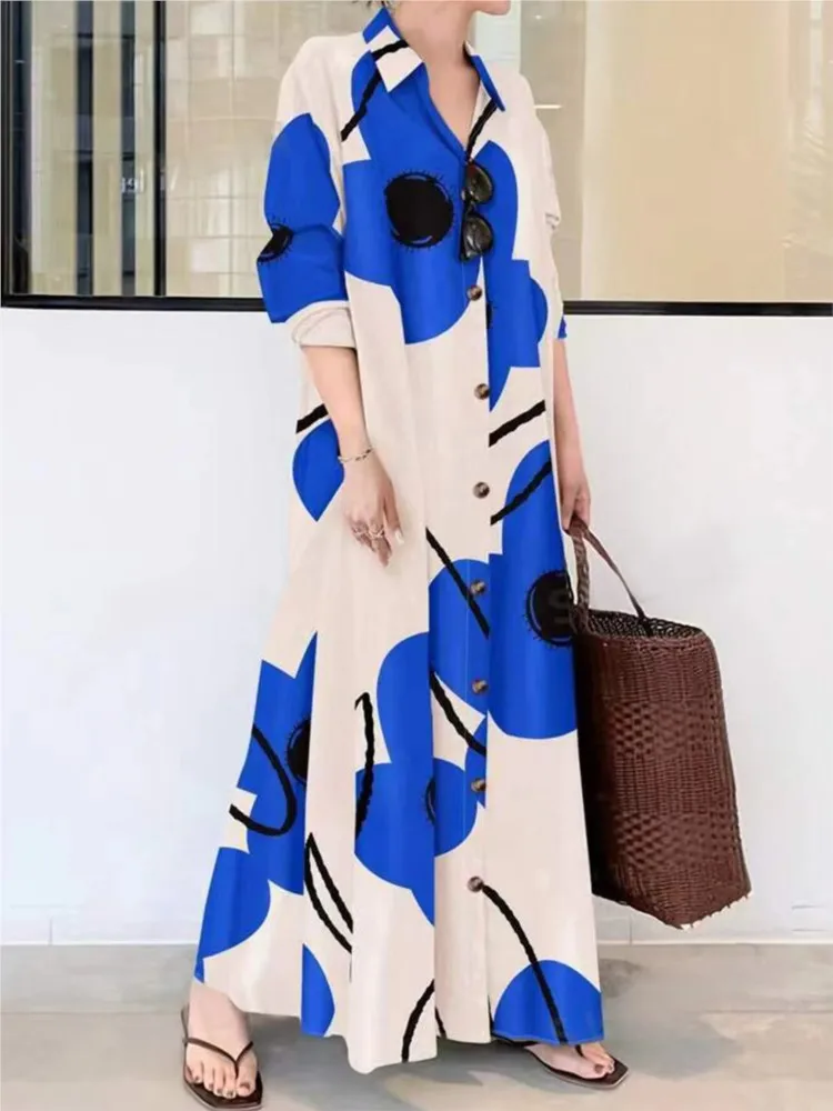 أزياء طباعة اللباس سيدة عارضة طويلة الأكمام بدوره إلى أسفل طوق زر قمصان فساتين للنساء عطلة الربيع الملابس النسائية الجديدة
