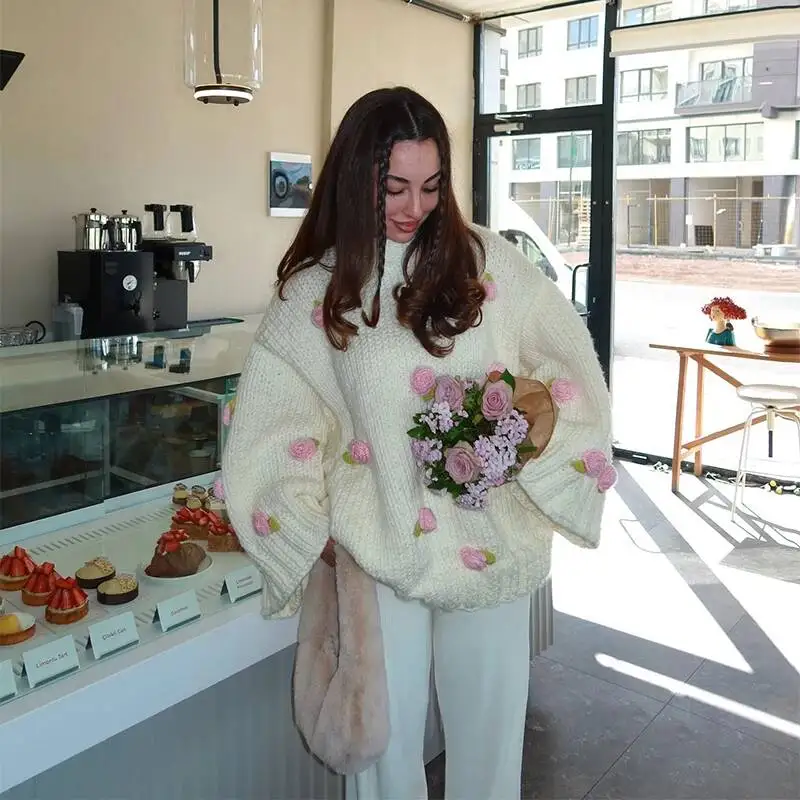 

Sweet 3D Flower Knitted Splicing Sweater Women Elegant O-Neck Full Sleeve Loose Oversize Pullover Autumn New Daily Party Outwear