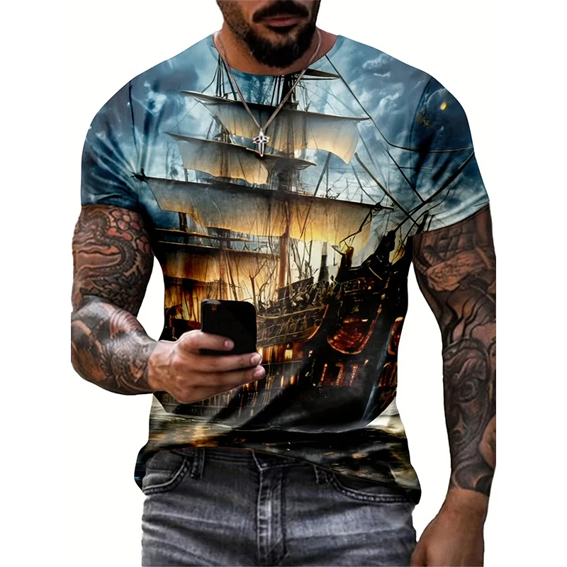 Sailing Ship Pattern T-Shirt For Men Sailboat 3D Printed Tees Summer Casual Harajuku Short Sleeve O-Neck Tops Oversized T Shirts