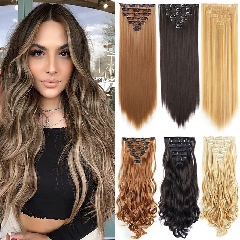 Straight 7Pcs Clip in Hair Extensions Soft Hair Extensions Black Hair Extensions 22 Inches Clip Ins Thick Hair Extensions