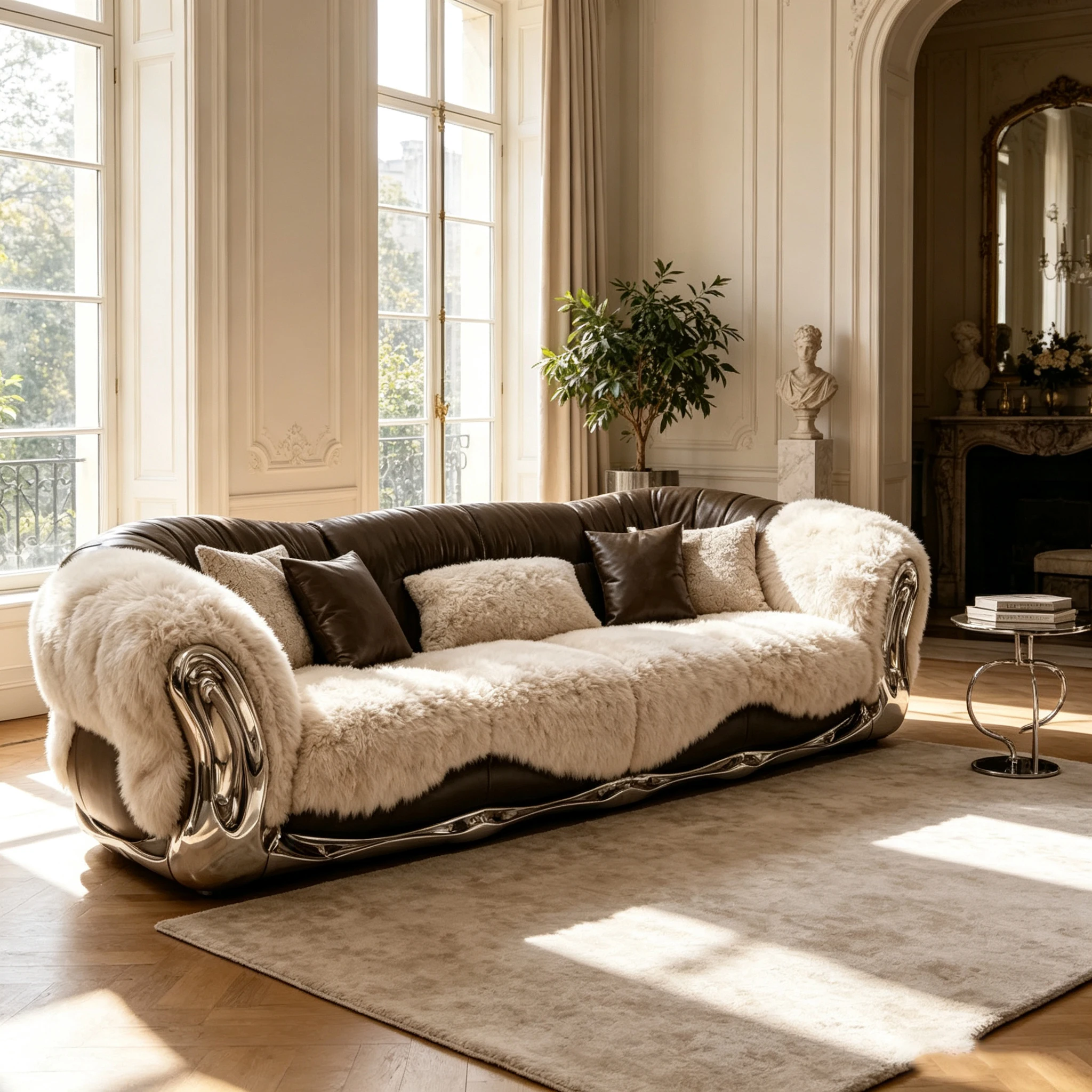 Z*-Luxury Fiberglass Leisure Sofa Chrome Trim Brown Plush with Throw Pillows for Villa Living Room^