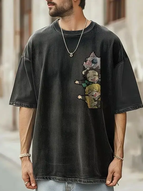 Kaus katun murni, Kaus katun murni, cetak karakter, kartun, gaya Jepang, bahu dicuci, lengan pendek, desainer berat Gram