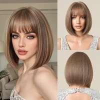 ALAN EATON pelucas rectas Bob naturales sintéticas cortas de color marrón ombré con flequillo para mujeres fiesta uso diario fibra resistente al calor