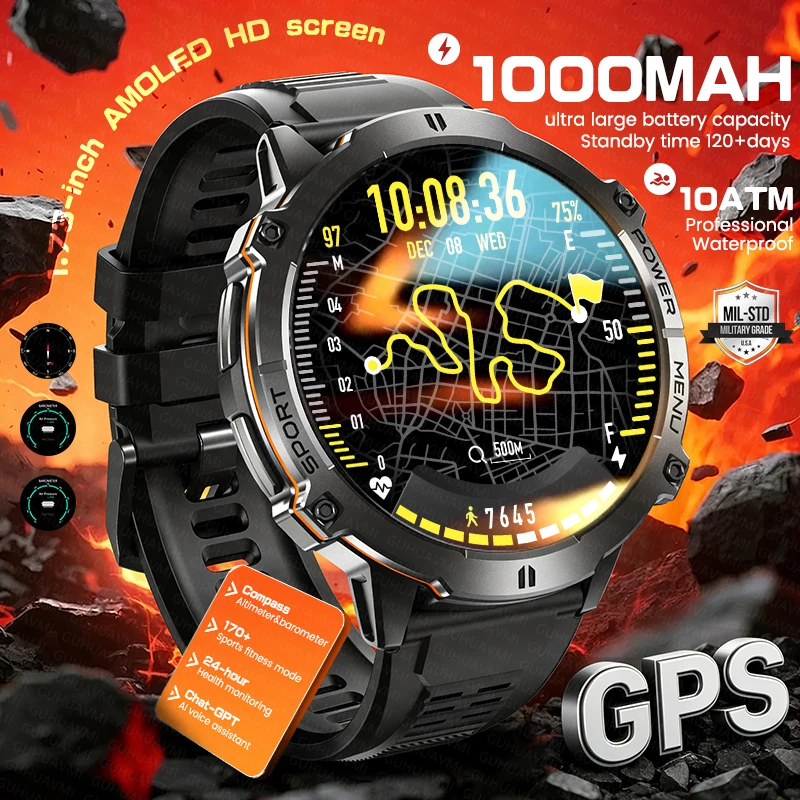 

Новые военные точные GPS-смарт-часы для мужчин, аккумулятор 1000 мАч, альтиметр, Bluetooth-вызовы, водонепроницаемость 10ATM, 1,73-дюймовый AMOLED-экран, умные часы