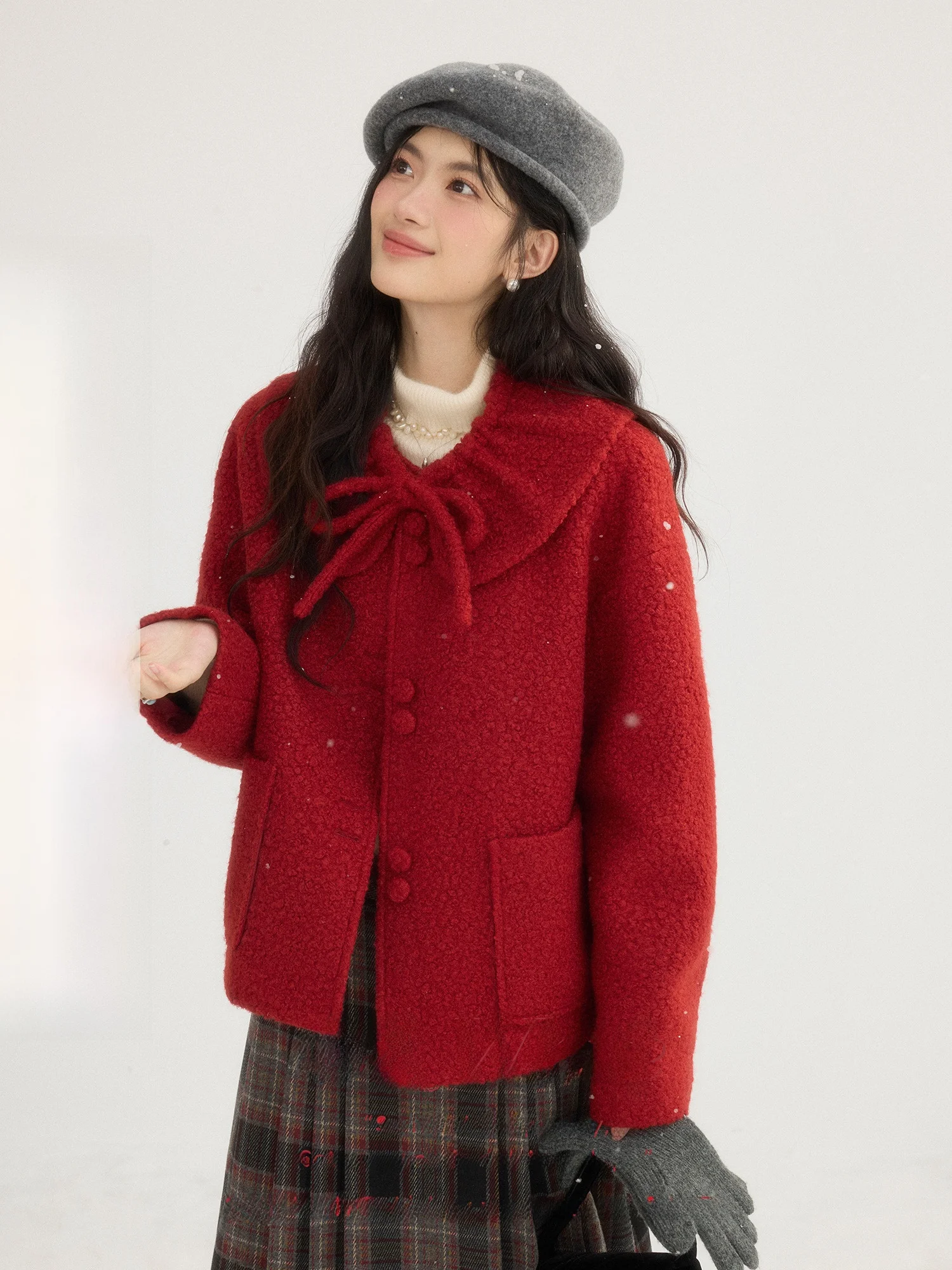 

Red Vintage Woolen Coat Women's ort Doll Collar Knot Design Winter Jaet Faionable Ladies' Polyester Outerwear