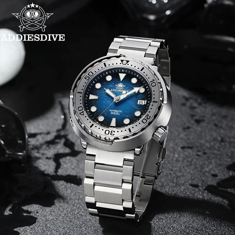 Addiesdive رجل التلقائي الغوص ساعة مقاوم للماء 300 متر سوبر مضيئة الياقوت الزجاج الساعات الذكور 41 مللي متر الفولاذ المقاوم للصدأ ساعة اليد