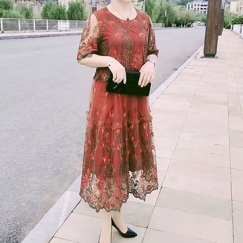 Stylish Vintage Floral Embroidery Spliced Dresses Casual Round Neck Female Clothing Elegant 2023 Summer Short Sleeve Midi Dress